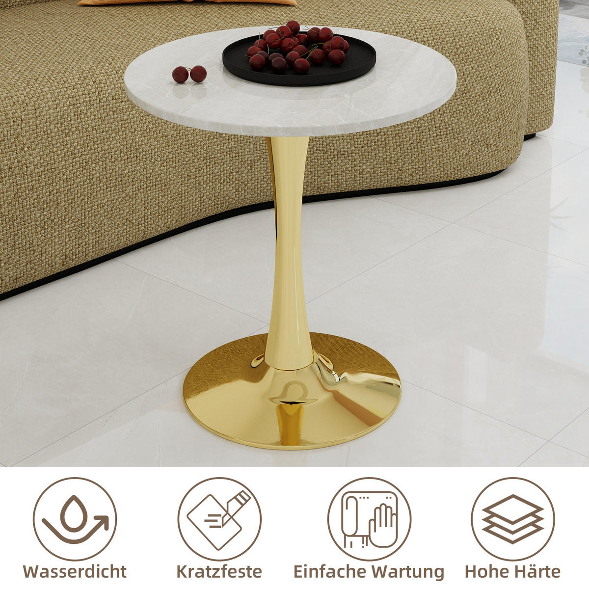COUCHTISCH in Weiß und Gold Wohnzimmertisch mit einer runden Marmor-Tischplatte für Wohnzimmer, B70/T70/H72 cm - Goldfarben/Weiß, Stein/Metall (70/70/72cm) - STILVORA
