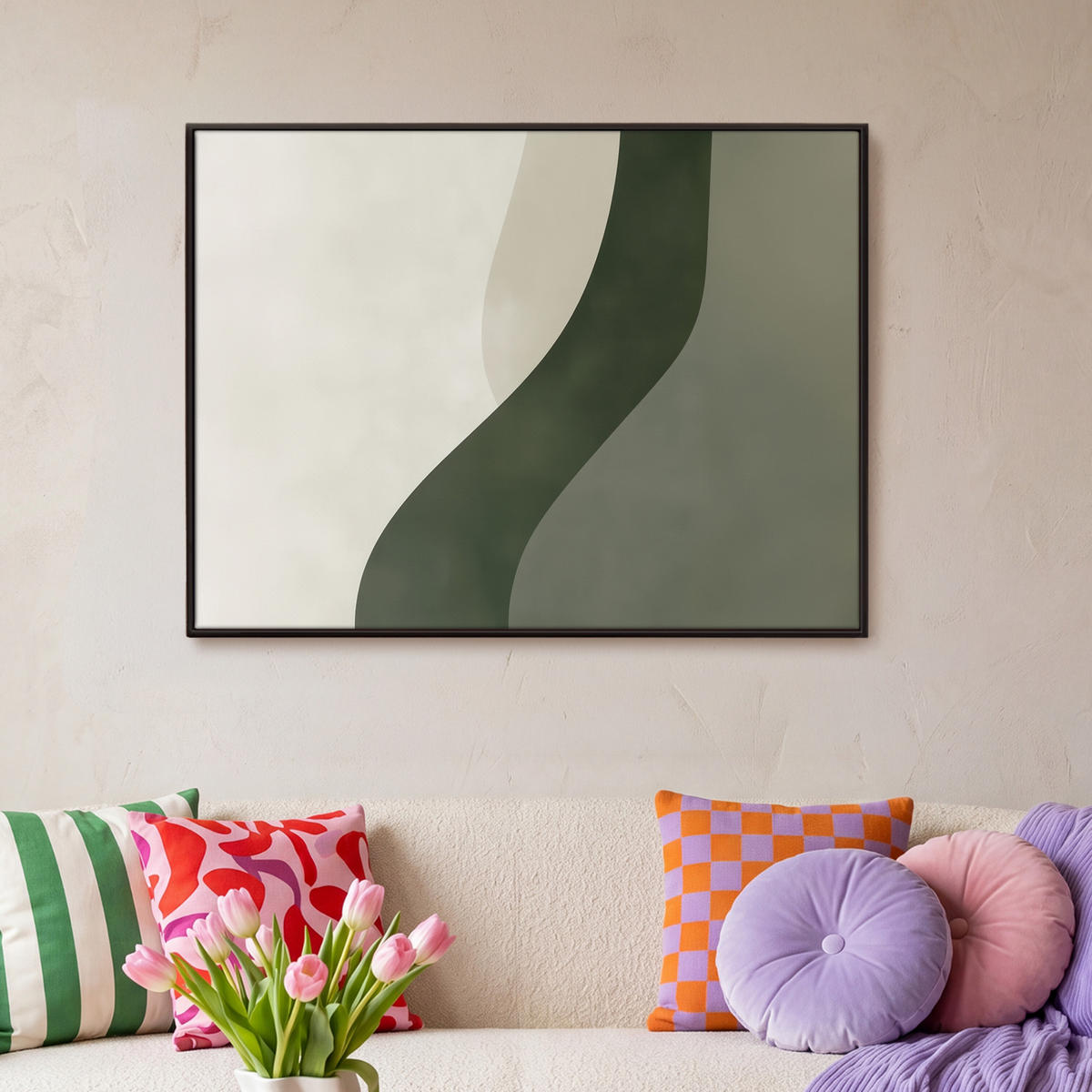 LEINWAND Bilder mit Rahmen - Japandi - Grün - Abstrakt - Modern - 100x70 - Salbeigrün, Textil (100/70cm) - MuchoWow