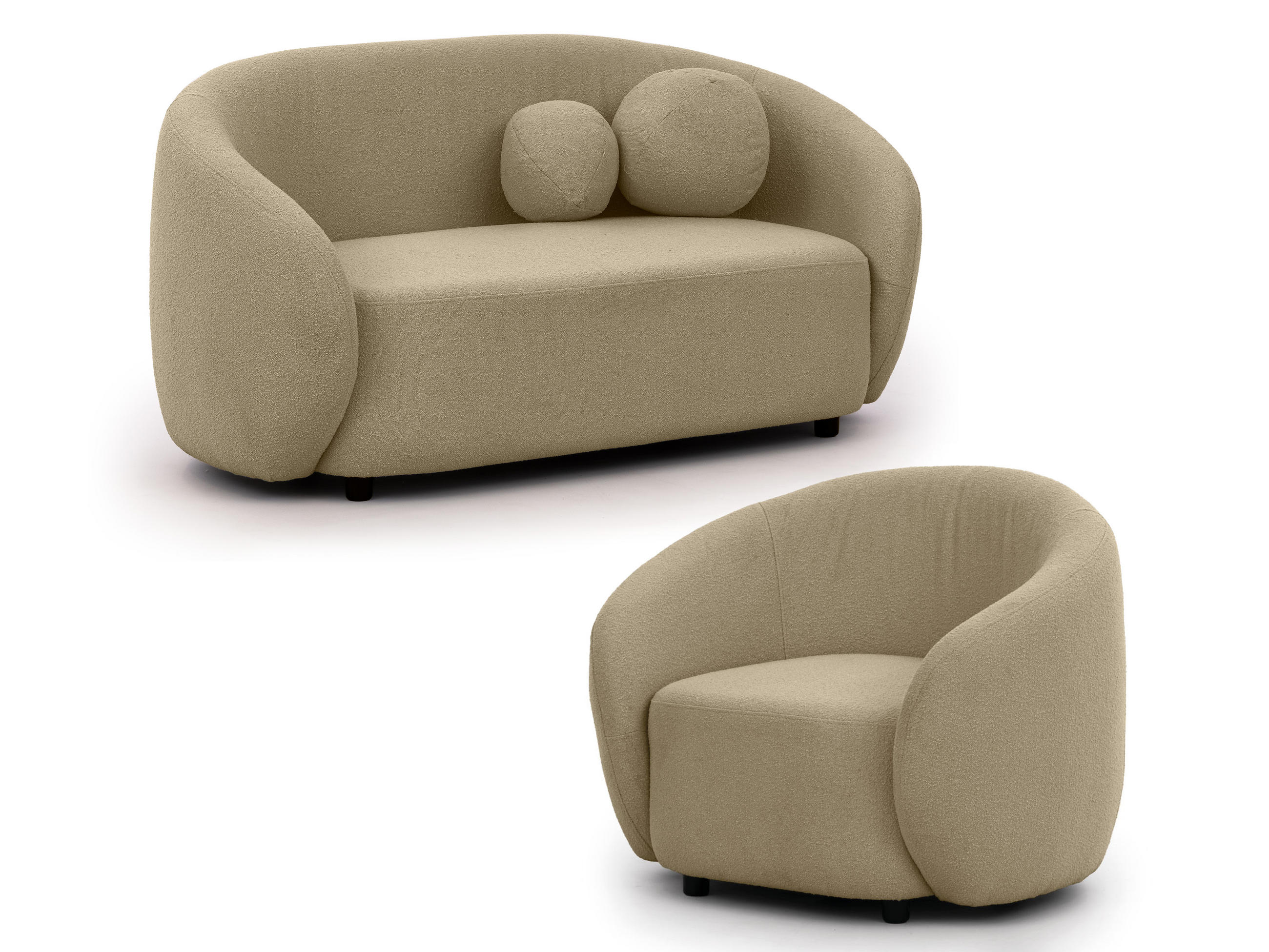 SITZGARNITUR 2+1 Roundi Beige Bouclé - Beige/Schwarz, Holz/Kunststoff (150/76/80cm) - S-Style Möbel