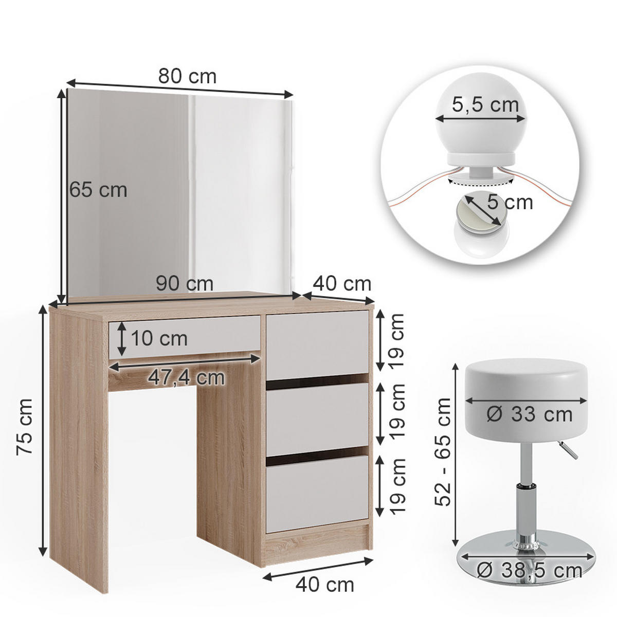 SCHMINKTISCH Sherry Sonoma 90 cm mit LED Beleuchtung und Hocker - Weiß/Sonoma Eiche, Holzwerkstoff (90/75/40cm) - Vicco