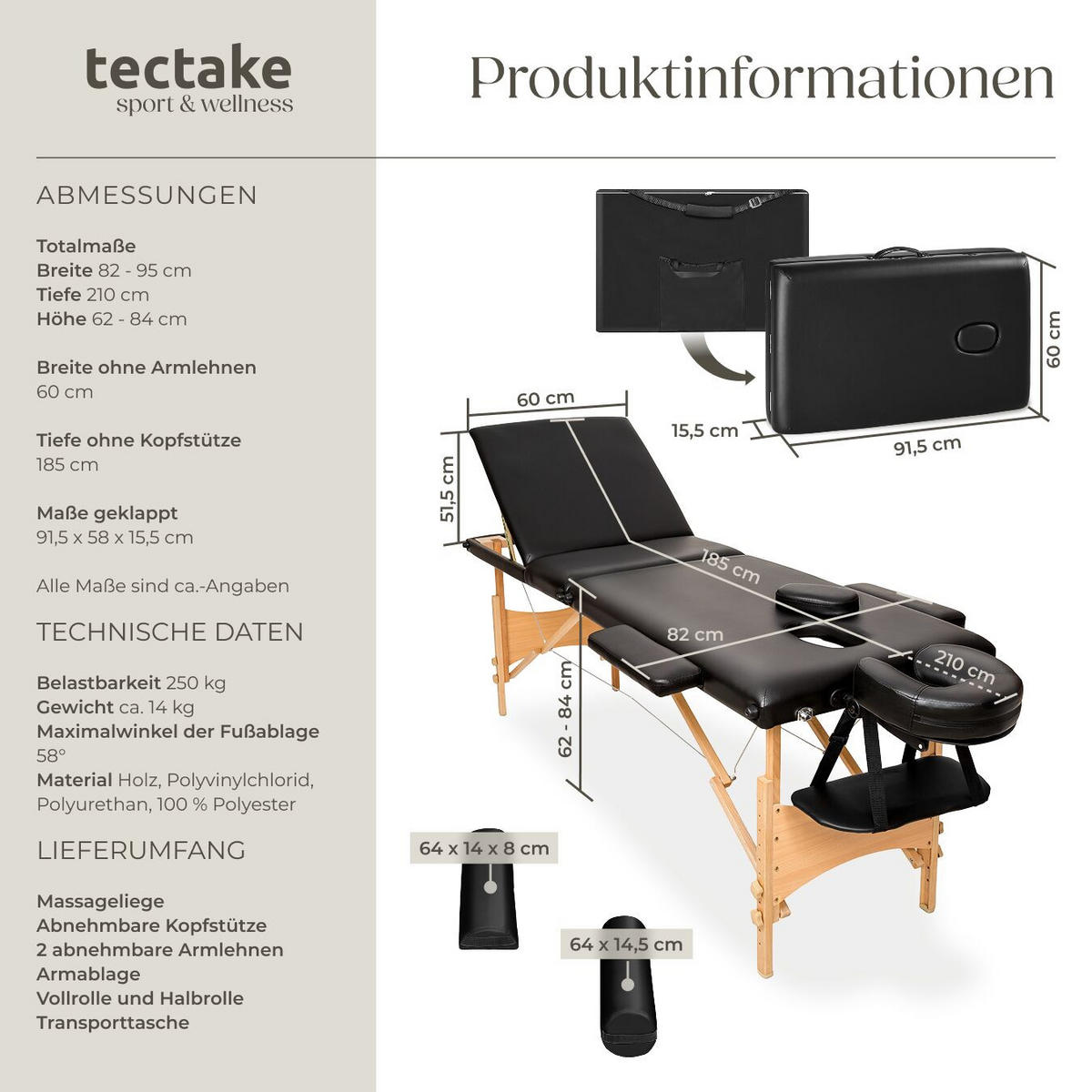MASSAGELIEGE-SET 3 Zonen Daniel, 210 x 95 x 84 cm, schwarz - Schwarz, Holz (95/84/210cm) - tectake