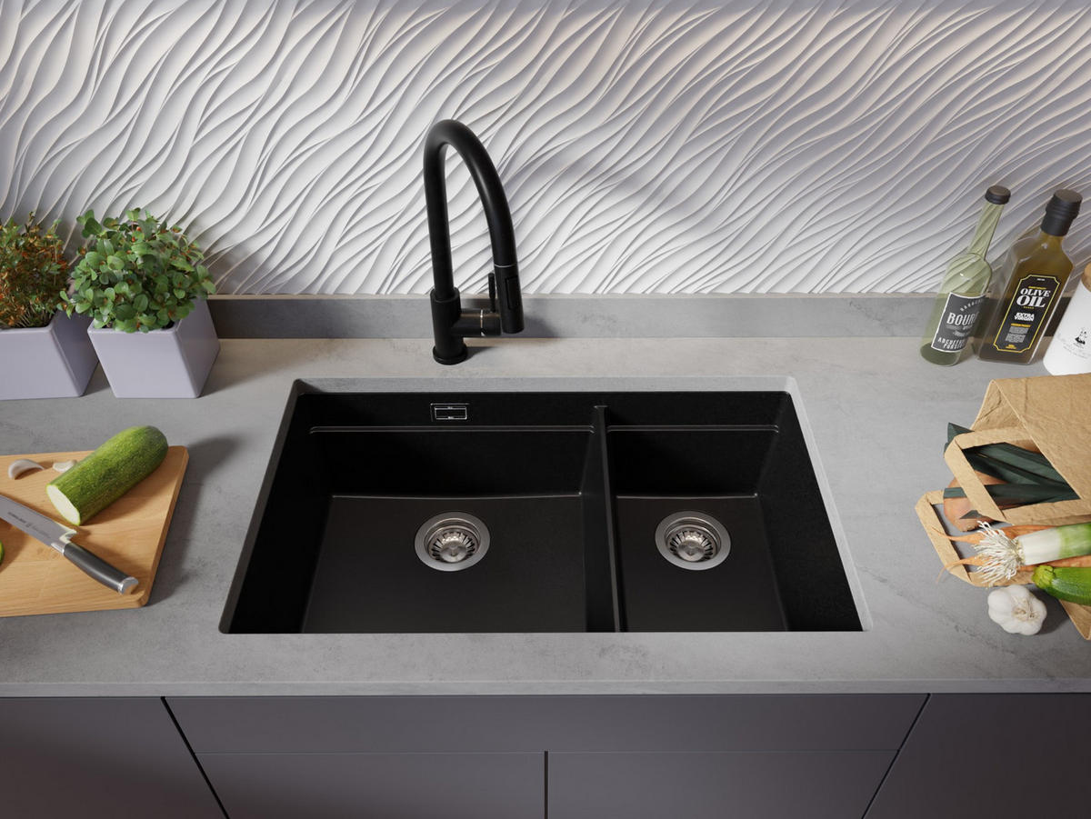 SPÜLBECKEN Praga Slim Duo, 2-er set Schwarz 76/47 cm 2 Becken + Ablauf-Set + Aufrollbare Abtropffläche ab 80er Unterschrank - Chromfarben/Schwarz, Kunststoff (76/20/47cm) - Primagran