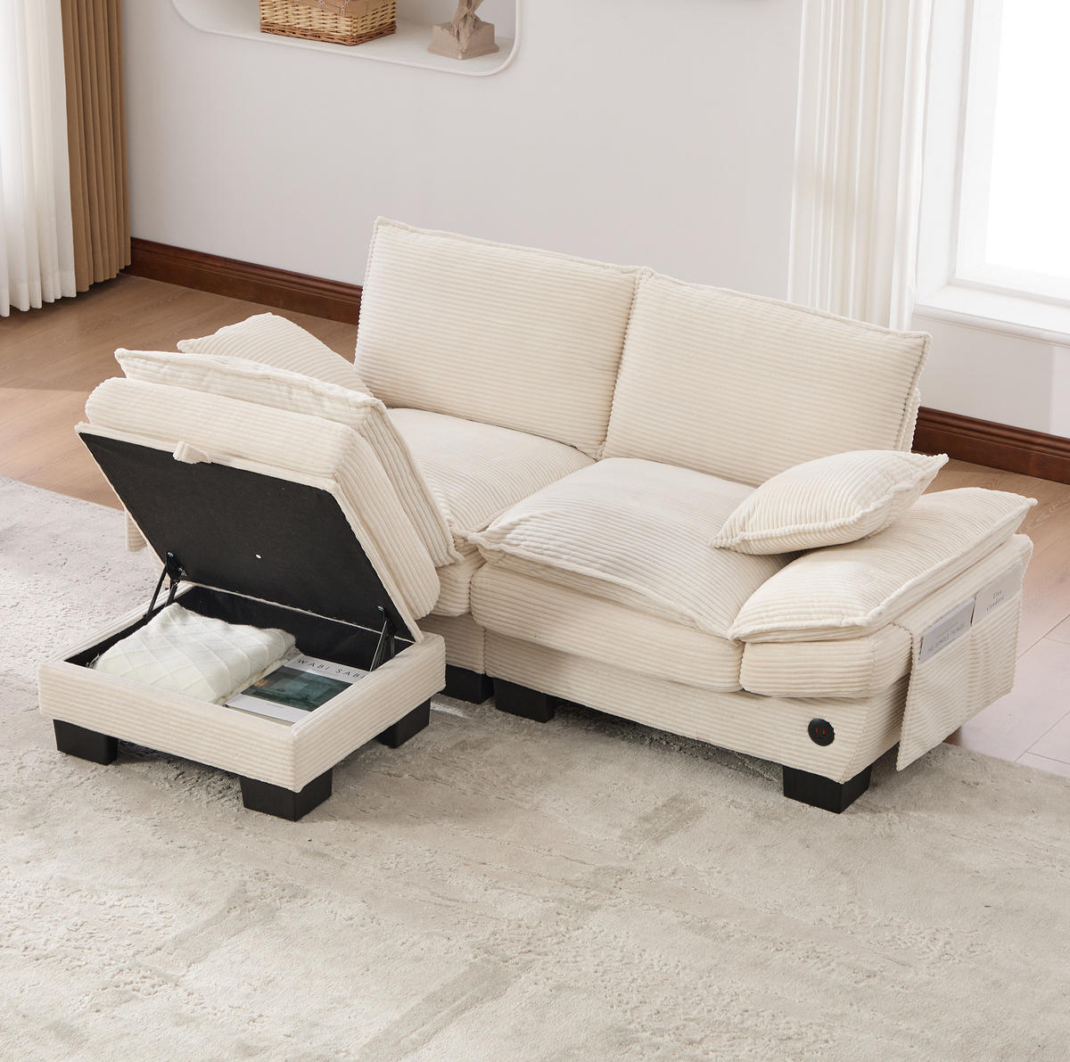 2-SITZER Sofa aus Corduroy 190x132x84 cm in Beige mit Hocker & USB-C - Beige, Textil (132/84/190cm) - Modfu