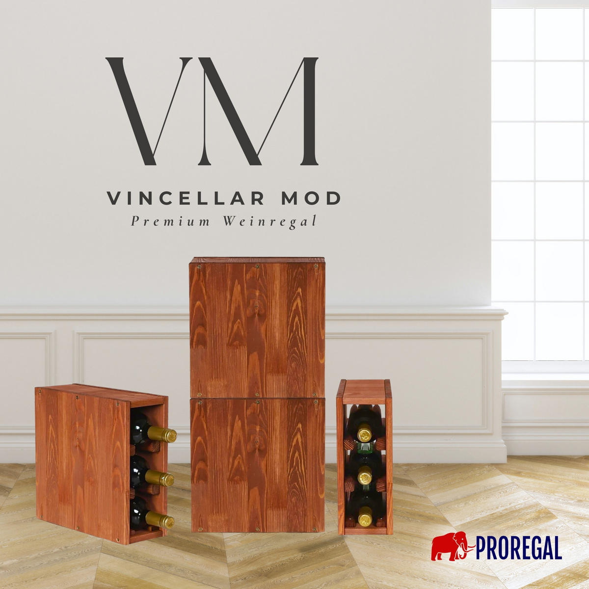 WEINREGAL Vincellar Mod 30x12x30 cm Schmal Modul Für 3 Flaschen Massives Kiefernholz Braun Geölt - Braun, Holz (12/30/30cm) - PROREGAL