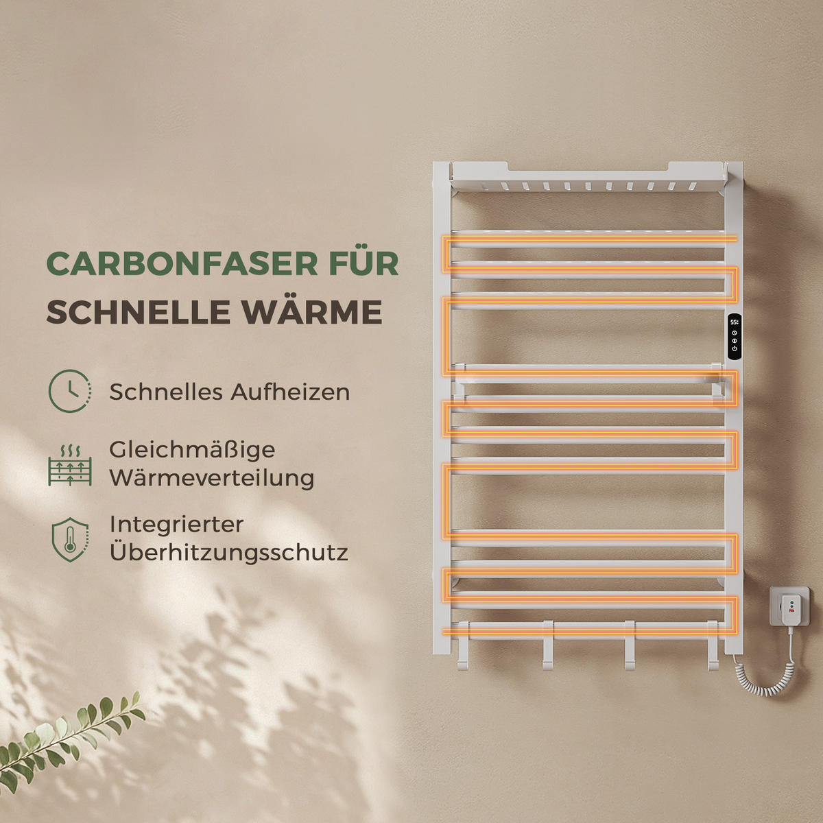 HANDTUCHHEIZKÖRPER 45/60 cm Weiß elektrisch 155 W mit WLAN, Ablage und 6 Haken - Weiß, Metall (60/45/20cm) - S'AFIELINA