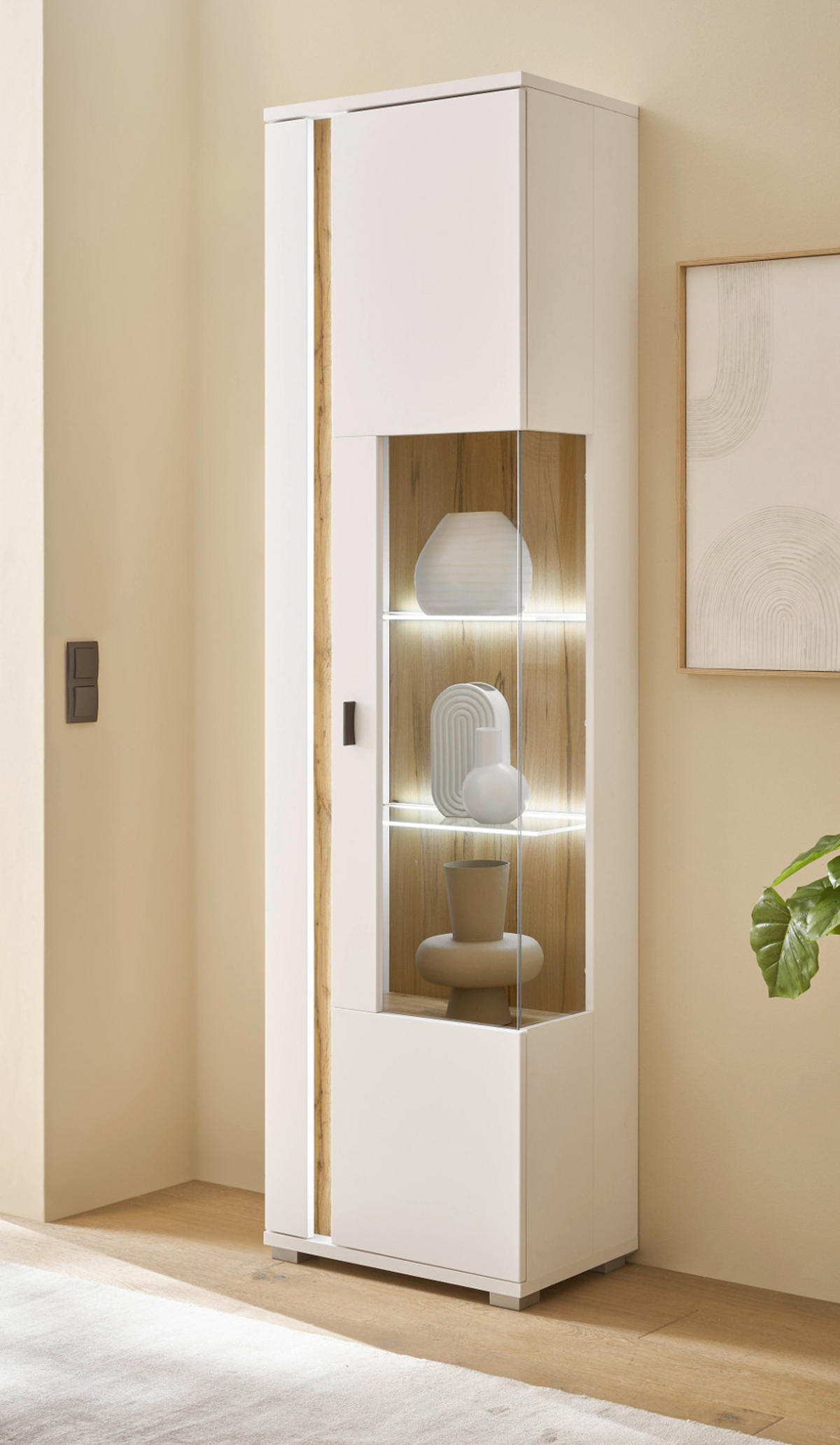 VITRINE weiß matt, Eiche Wotan 55 x 200 cm, Vitrinenschrank inklusive Frontbeleuchtung - Silberfarben/Eiche Wotan, Glas/Holzwerkstoff (55/200/35cm) - Furn.Design