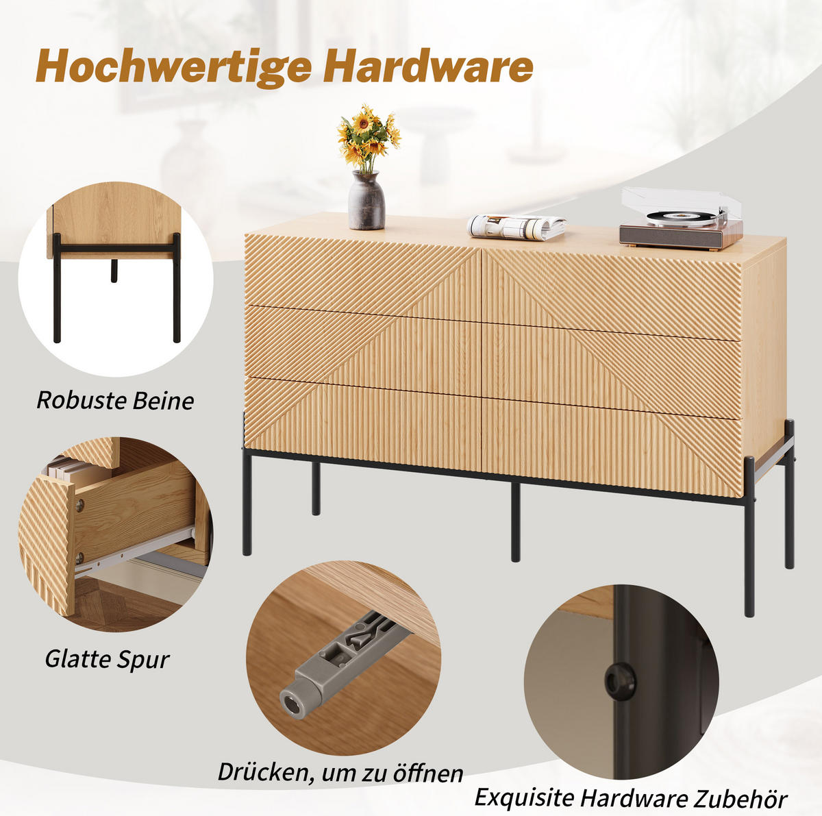 SIDEBOARD 115,5/38/75 cm mit 6 Schubladen in Natur mit 3D-Struktur - Naturfarben, Holzwerkstoff (115.5/75/38cm) - BEAOK