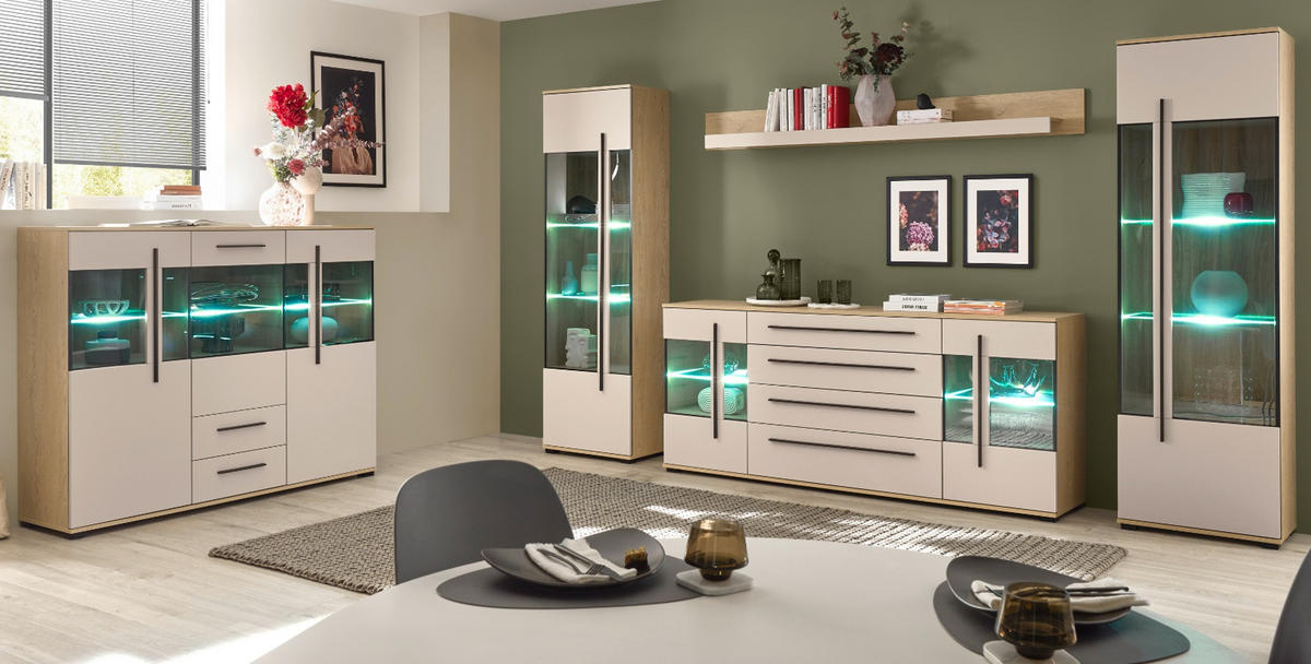 WOHNWAND Kaschmir, Eiche 4-teilig 340 cm, Schrankwand Set mit Soft-Close - Kaschmir/Eichefarben, Glas/Holzwerkstoff (340/200/42cm) - Furn.Design