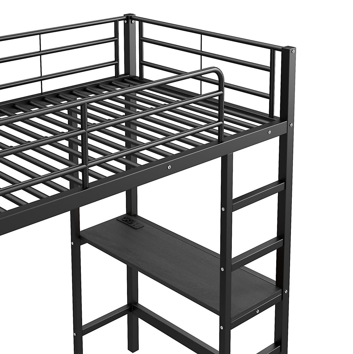 HOCHBETT 90/200 cm aus Metall mit Schreibtisch, Regalen und USB-Anschluss - Schwarz, Metall (90/200cm) - Flora Grace