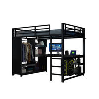 HOCHBETT mit Schreibtisch 140/200 cm in Schwarz – Metall mit Kleiderschrank und LED - Schwarz, Metall (140/200cm) - BEAOK