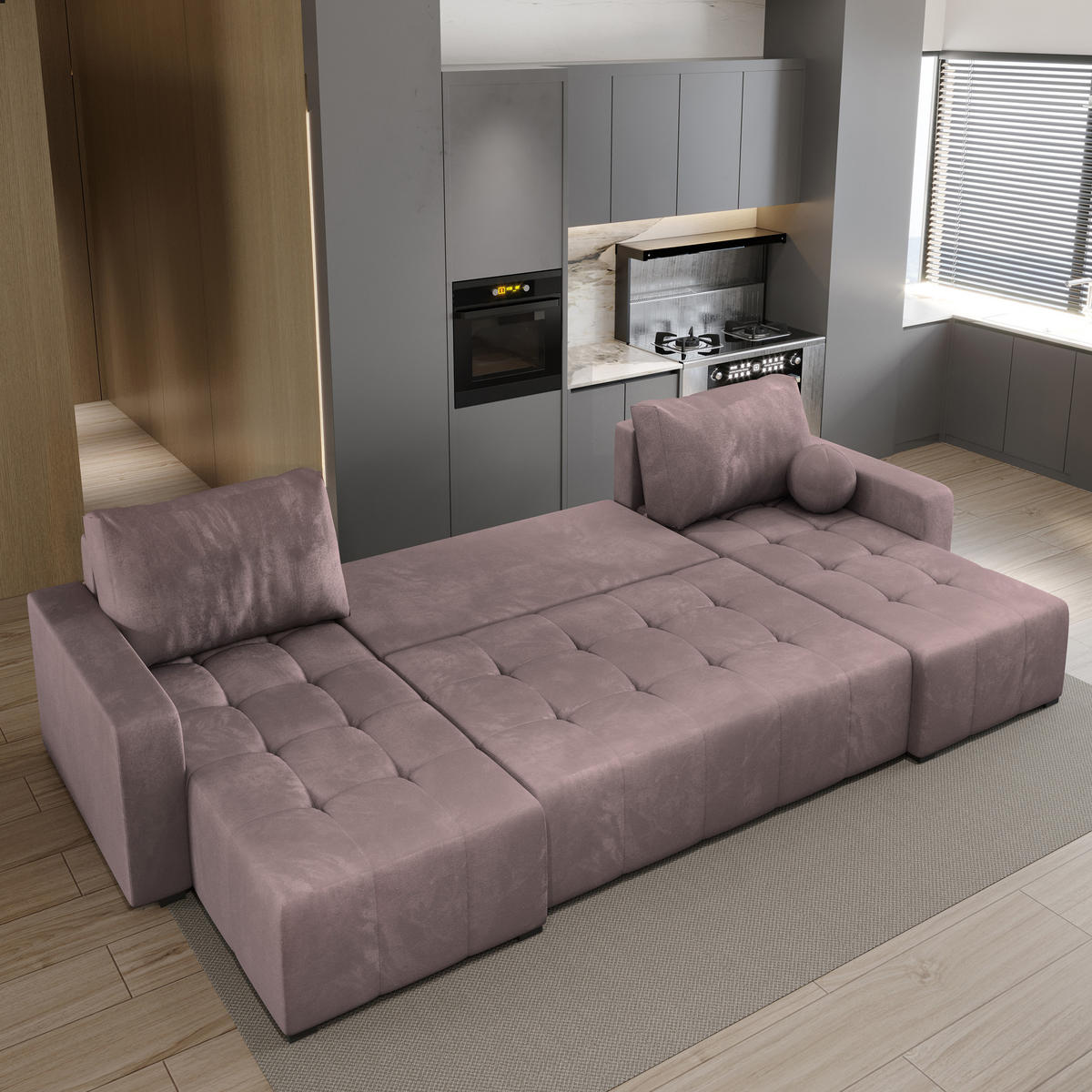 WOHNLANDSCHAFT TOLARI Rosa Plüsch-Stoff mit Schlaffunktion - Rosa, Holz (295/85/140cm) - MASSENO