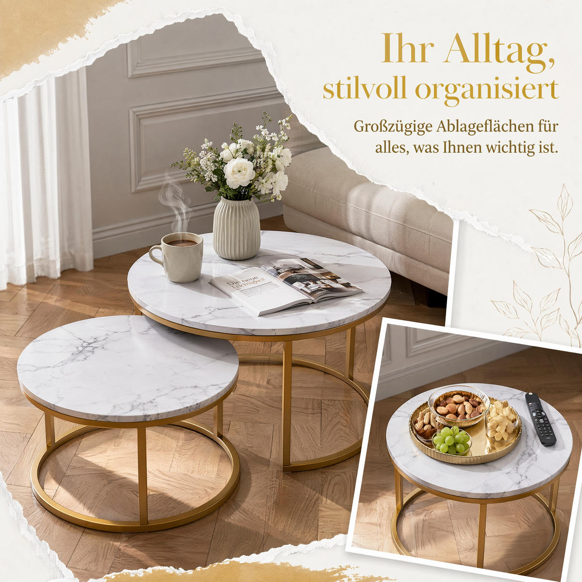 COUCHTISCH 2-TEILIGES SET Rund Weiß Marmoroptik Gold Metall Tisch - Weiß, Metall (80/33/45cm) - SHOPENTRA