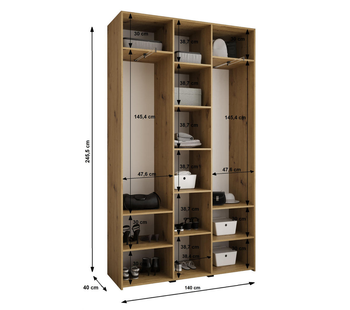 DREHTÜRENSCHRANK 245,5/140/40 3-türig - Goldfarben/Weiß, Holz/Metall (140/245.5/40cm) - Abiks Möbel
