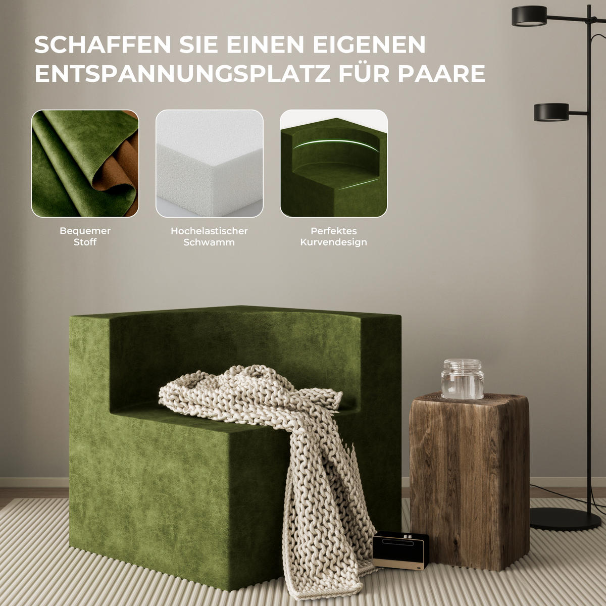 SOFA Modulares Sofa Samt grün - Grün, Textil (70/68/70cm) - Vercart