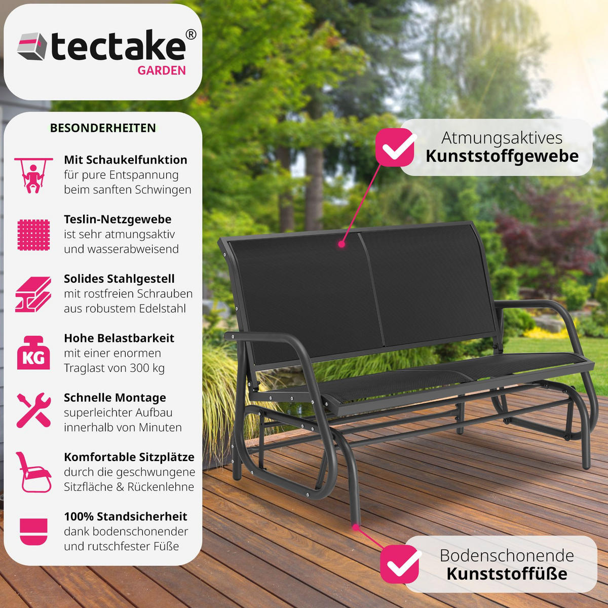 SCHAUKELBANK Greta,121 x 72 x 86,5 cm,schwarz - Schwarz, Metall (72/86.5/121cm) - tectake