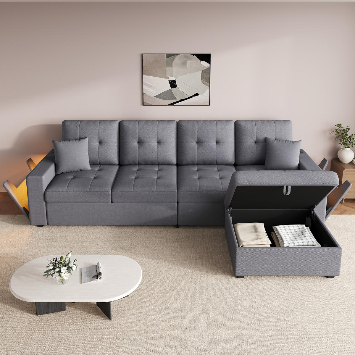 ECKSOFA 253/144.5/80.7 cm Antikgrau mit Aufbewahrungshocker, LED Stimmungslicht und Stauraum - Grau, Kunststoff/Textil (253/144.5cm) - Oxeza