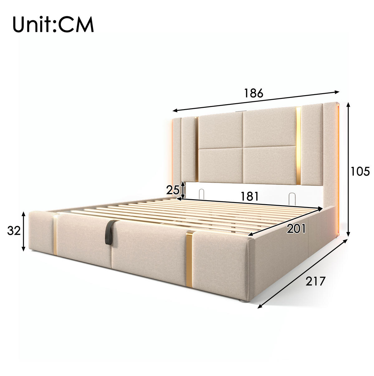 POLSTERBETT mit Stauraum LED USB/Type-C 180x200 cm Beige - Beige, Metall (180/200cm) - Meubliv