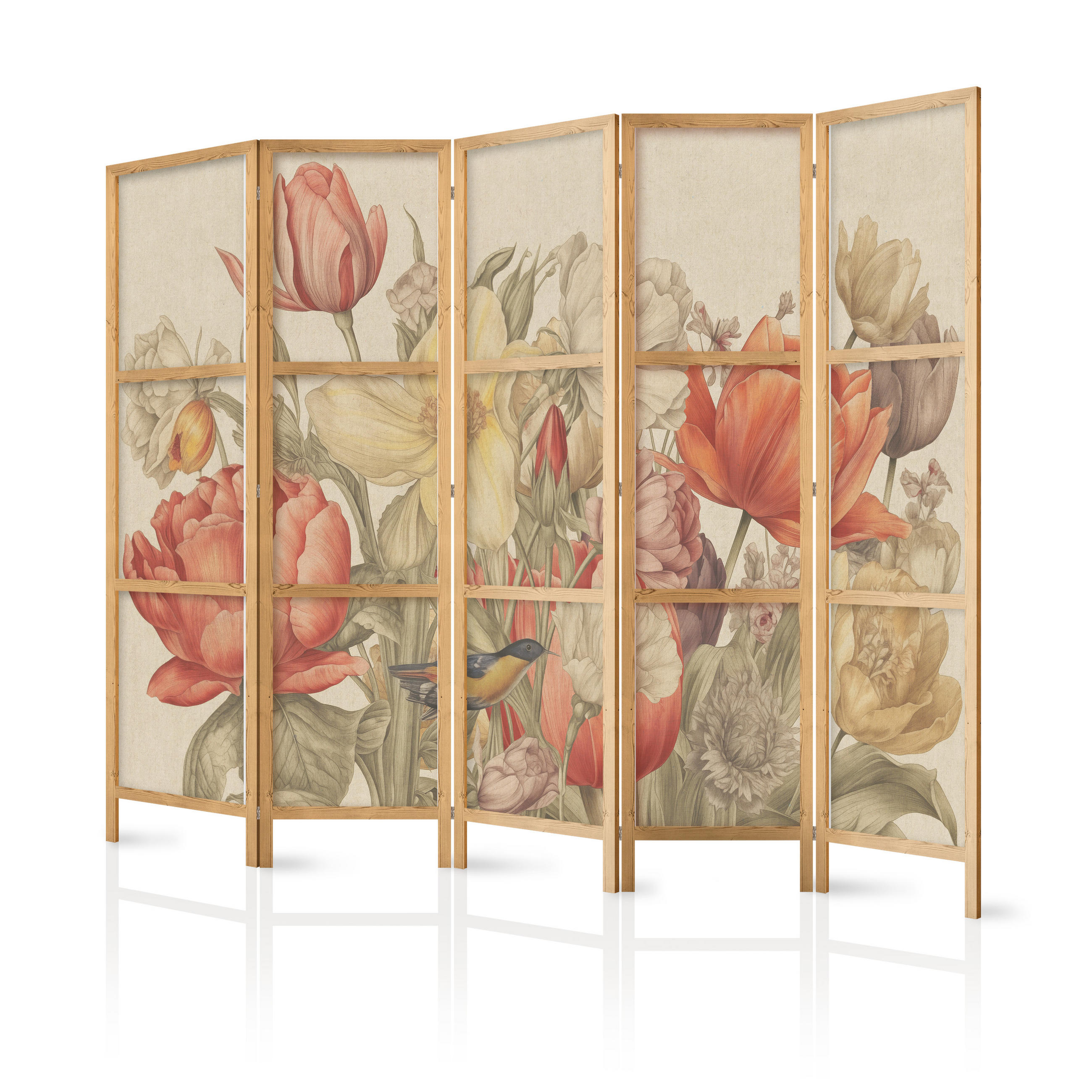 PARAVENT Japanischer 5-tlg 225x172 cm Bunte Feldblumen - Multicolor, Holz/Textil (225/172/3cm) - Muralo