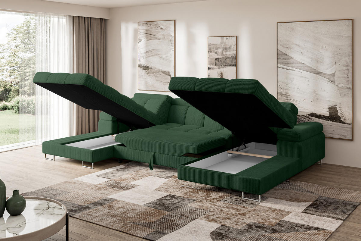 WOHNLANDSCHAFT mit Schlaffunktion und Bettkasten COMA U2 345x203x79 Grün Cord - Waldgrün, Holzwerkstoff/Textil (345/79/203cm) - ALTDECOR