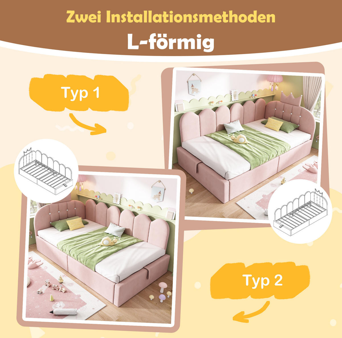 POLSTERBETT 90/190 cm aus Samt mit hydraulischem Stauraum und Kronen-Gitter-Design, Rosa - Rosa, Textil (90/190cm) - Redom