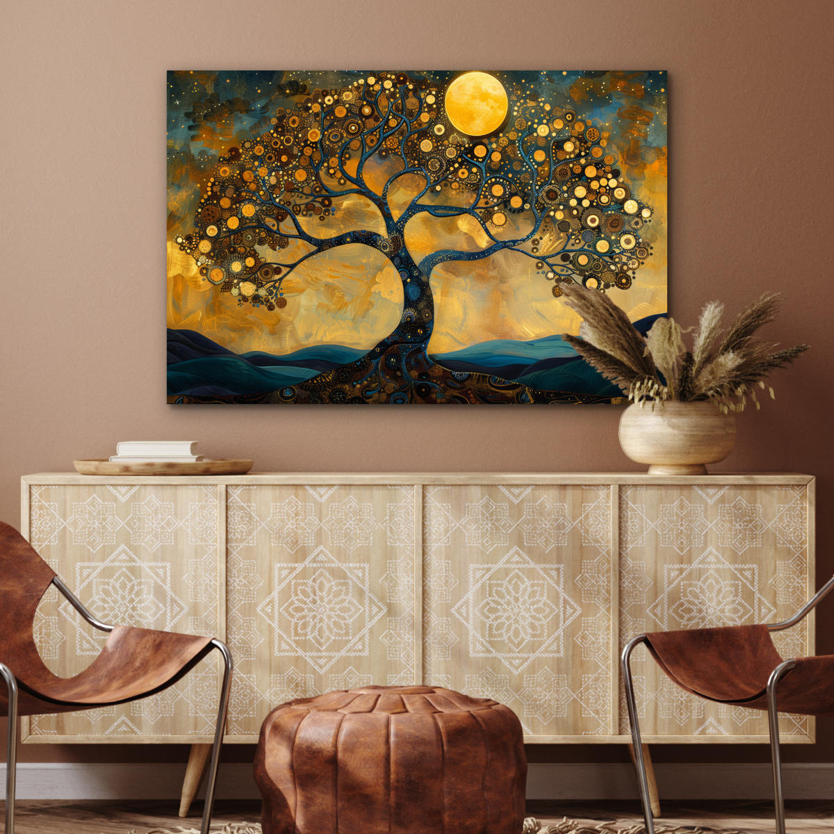 METALLBILD Baum - Mond - Blumen - Gold - Kunst 120x80 cm - Orange, Metall (120/80cm) - MuchoWow