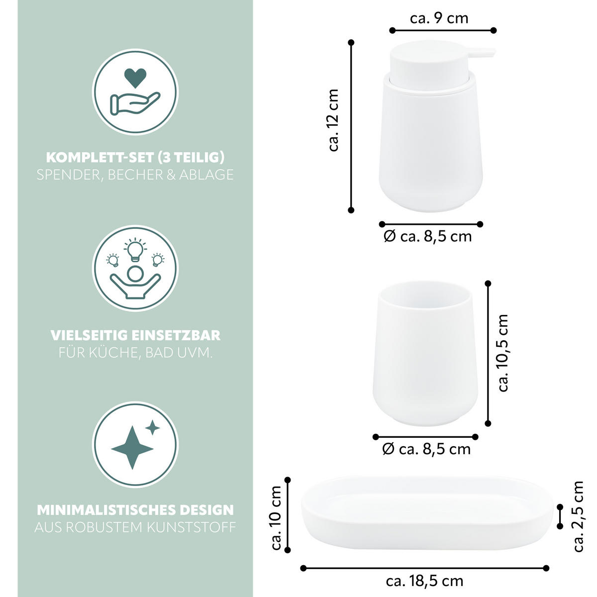 BAD-ACCESSOIRES-SET TESERO, Soft-Touch, weiß - Weiß, Kunststoff (18.5/13.5/10cm) - eluno