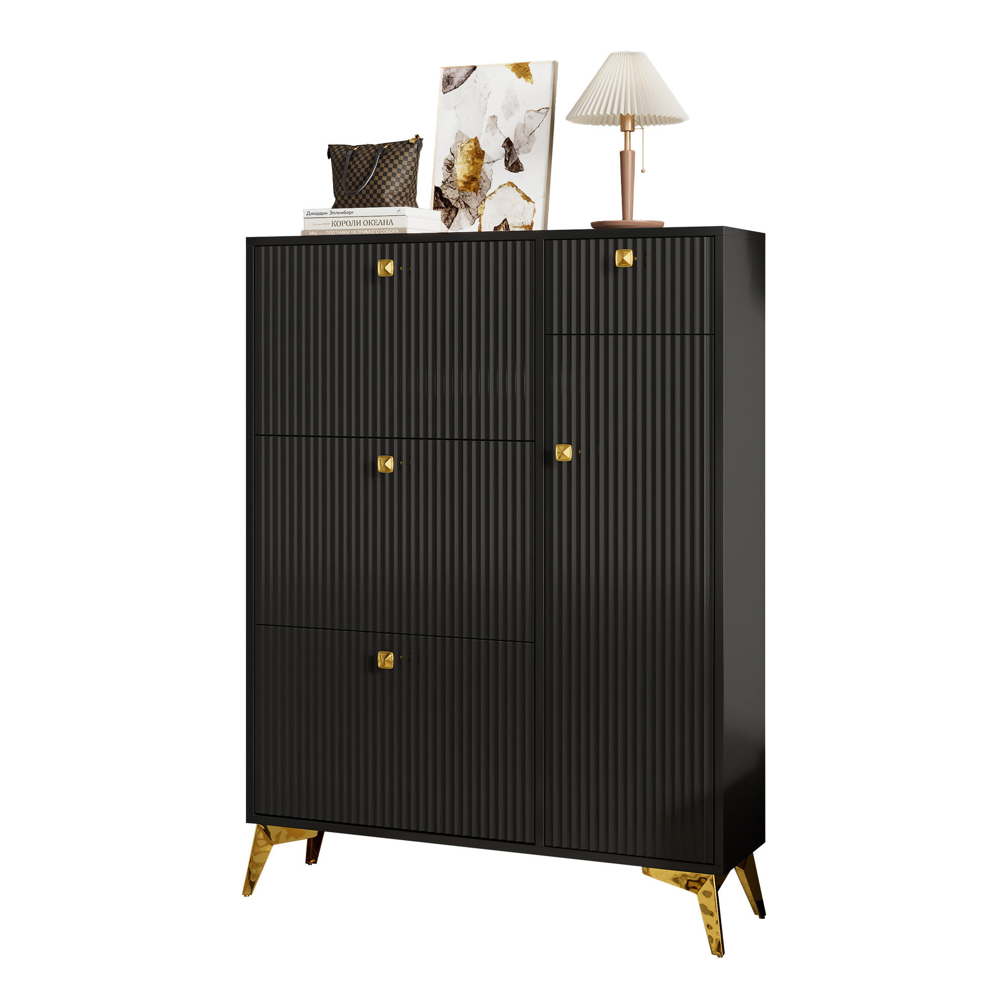 SCHUHSCHRANK mit Wellenfront & Metallgriffen, Holzoptik, Einheitsgröße / Spanplatte + Metall - Goldfarben/Schwarz, Holzwerkstoff/Metall (90/121/25cm) - EVRYAE