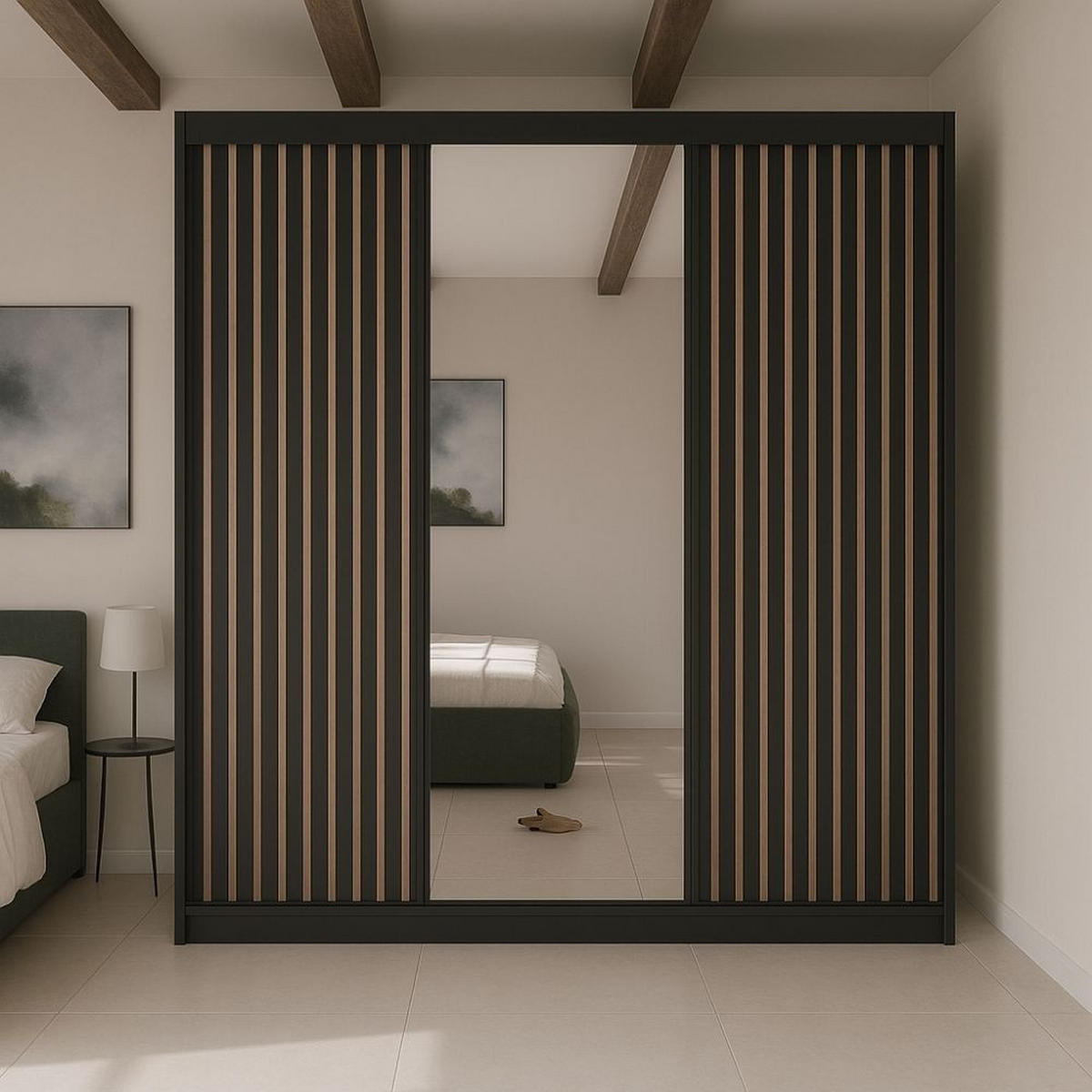 SCHWEBETÜRENSCHRANK Lami mit Spiegel und Lamellen, 215x200x61cm, Schwarz - Schwarz, Holzwerkstoff (200/215/61cm) - AN-Moebel 4u