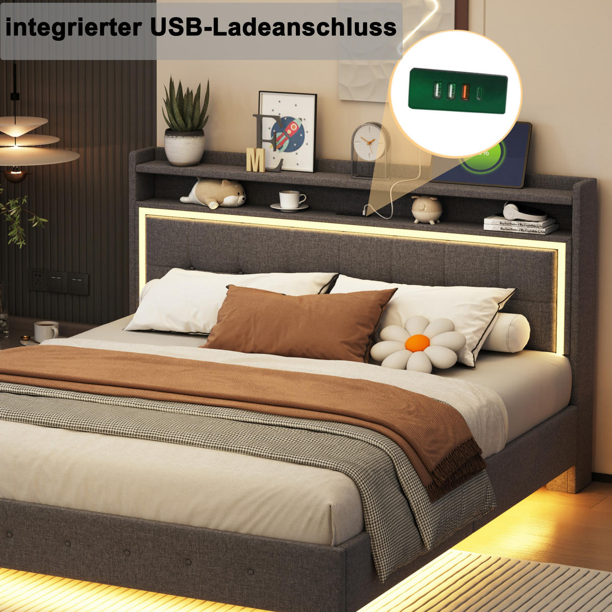 POLSTERBETT 160x200 cm Grau USB LED verstellbares Kopfteil - Grau, Holzwerkstoff - FLIEKS