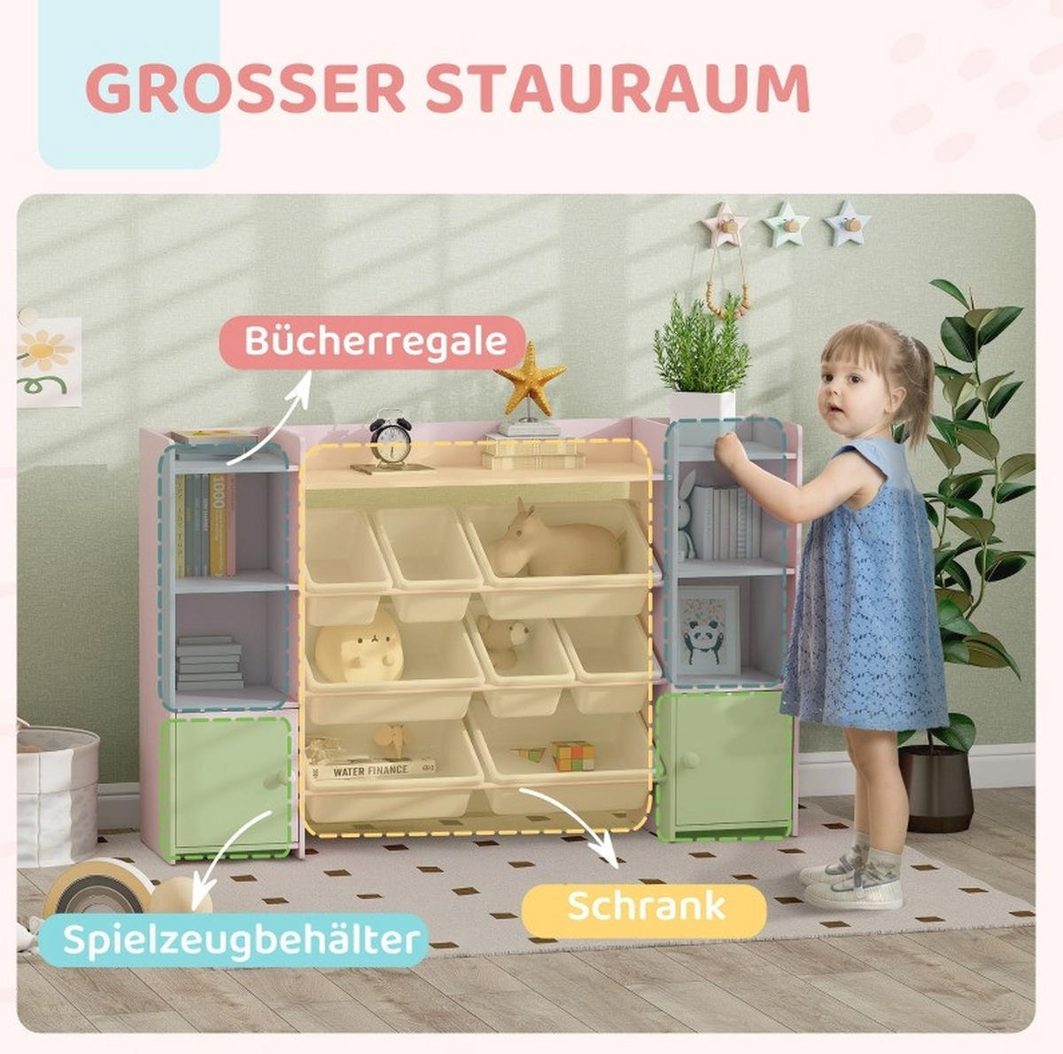 KINDERREGAL 140/30/90 cm rosa aus MDF und Metall mit Boxen - Pink, Holz (140/90/30cm) - OKWISH