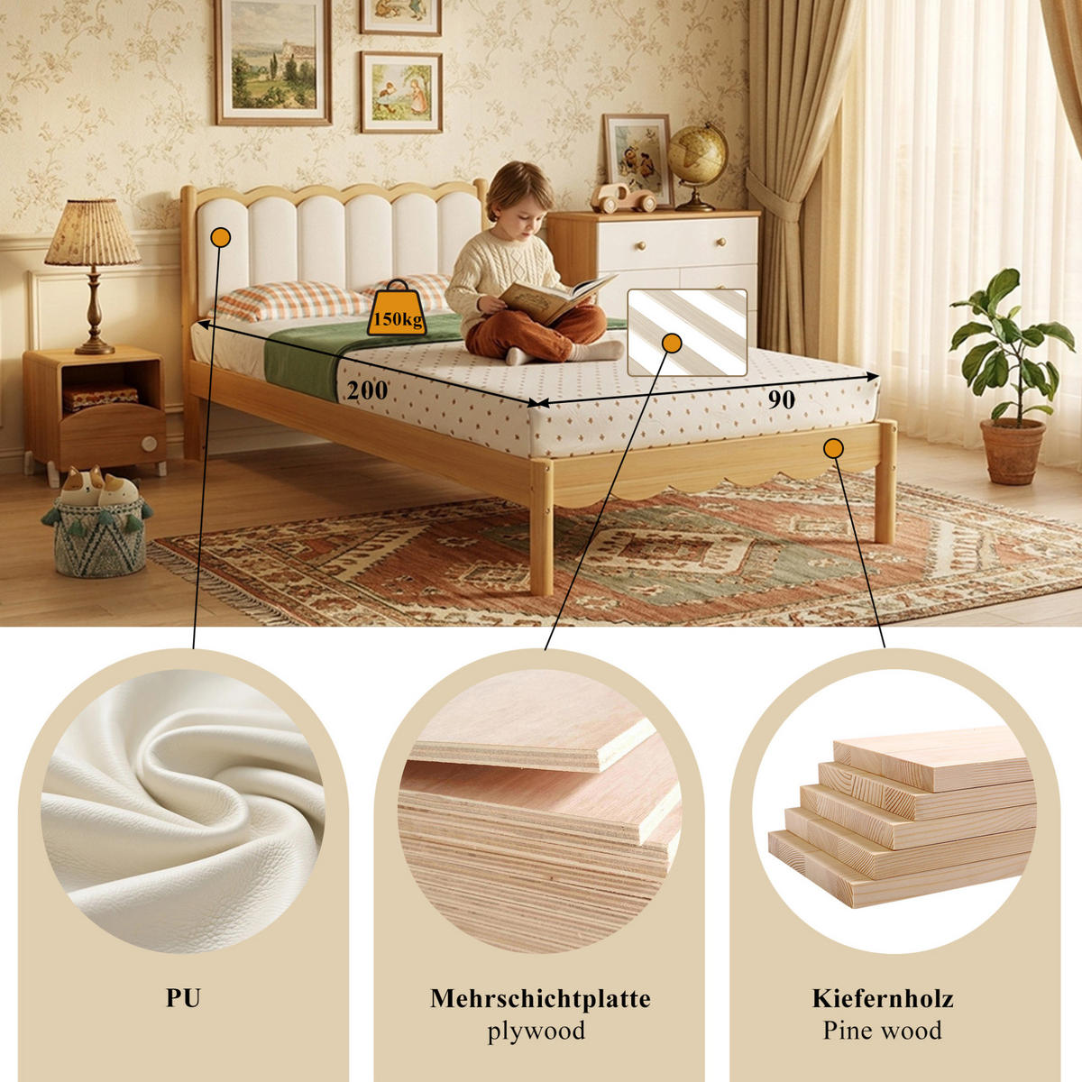 KINDERBETT 90/200 cm aus Holz mit gepolstertem PU-Kopfteil Beige/Natur - Beige, Holz (90/200cm) - Modenvie