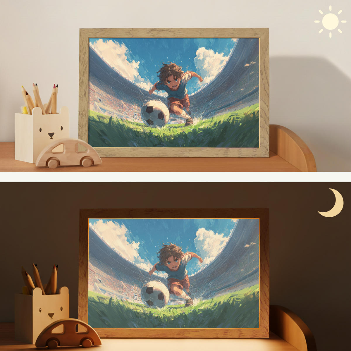 NACHTTISCHLAMPE Stadion - Fußballer - Ball 30x20 cm - Blau, Holzwerkstoff (8/30/20cm)