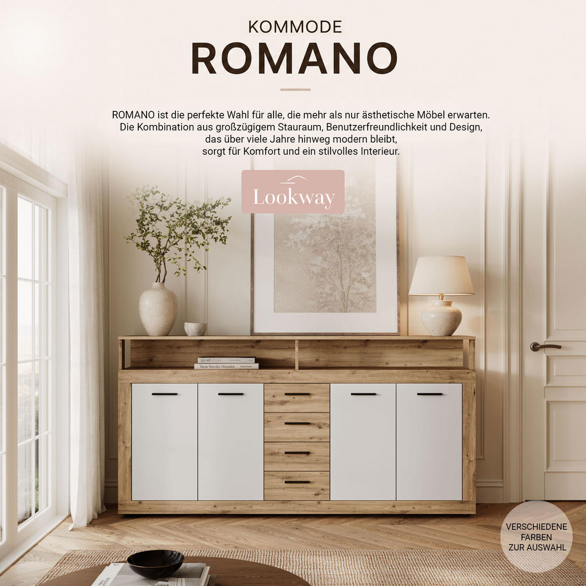 KOMMODE ROMANO mit Schubladen - Eiche Artisan/Weiß, Holzwerkstoff (190/96/32cm) - Lookway