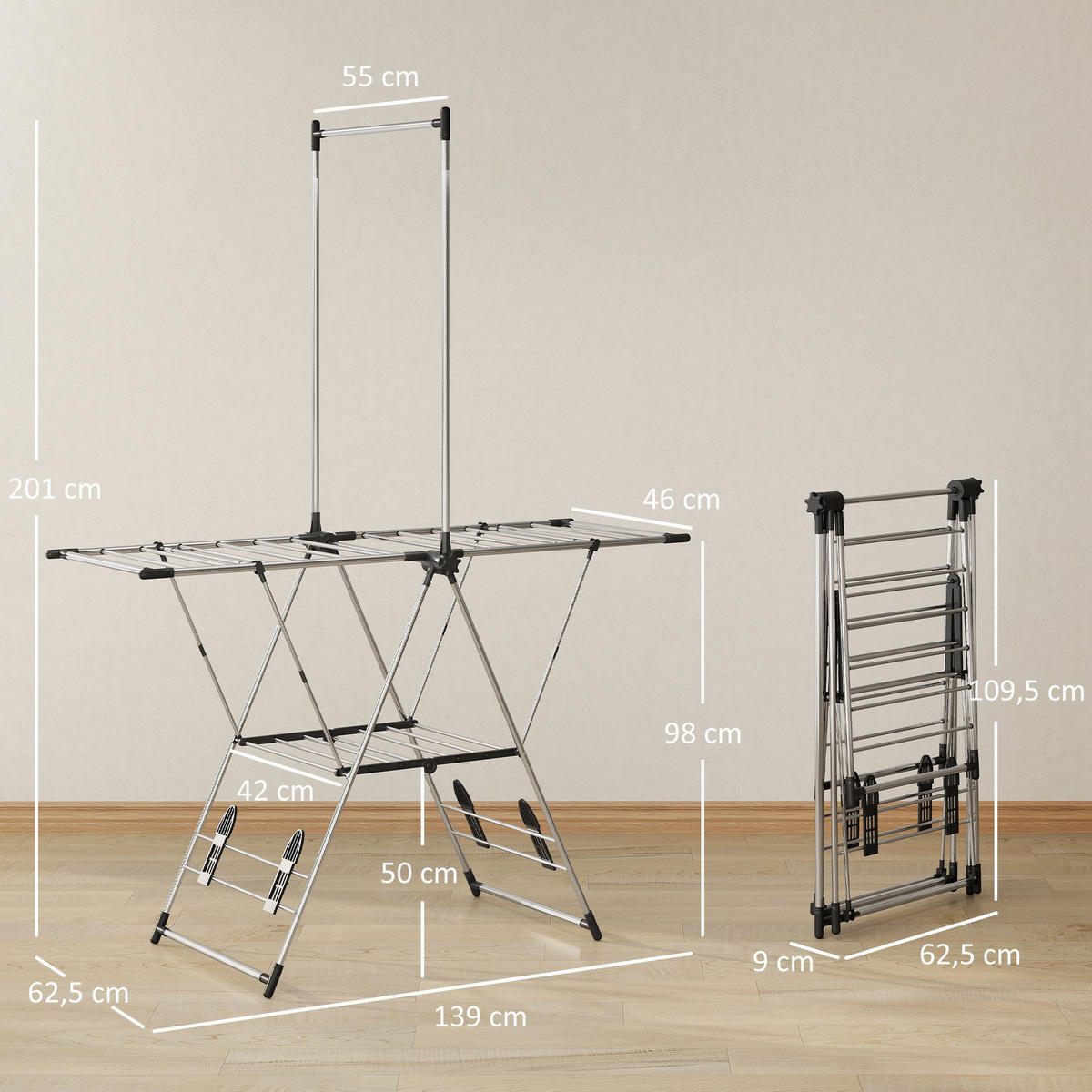 ZUSAMMENKLAPPBARER Kleiderständer 139/62,5/201 cm silber - Silberfarben, Metall (139/201/62.5cm)