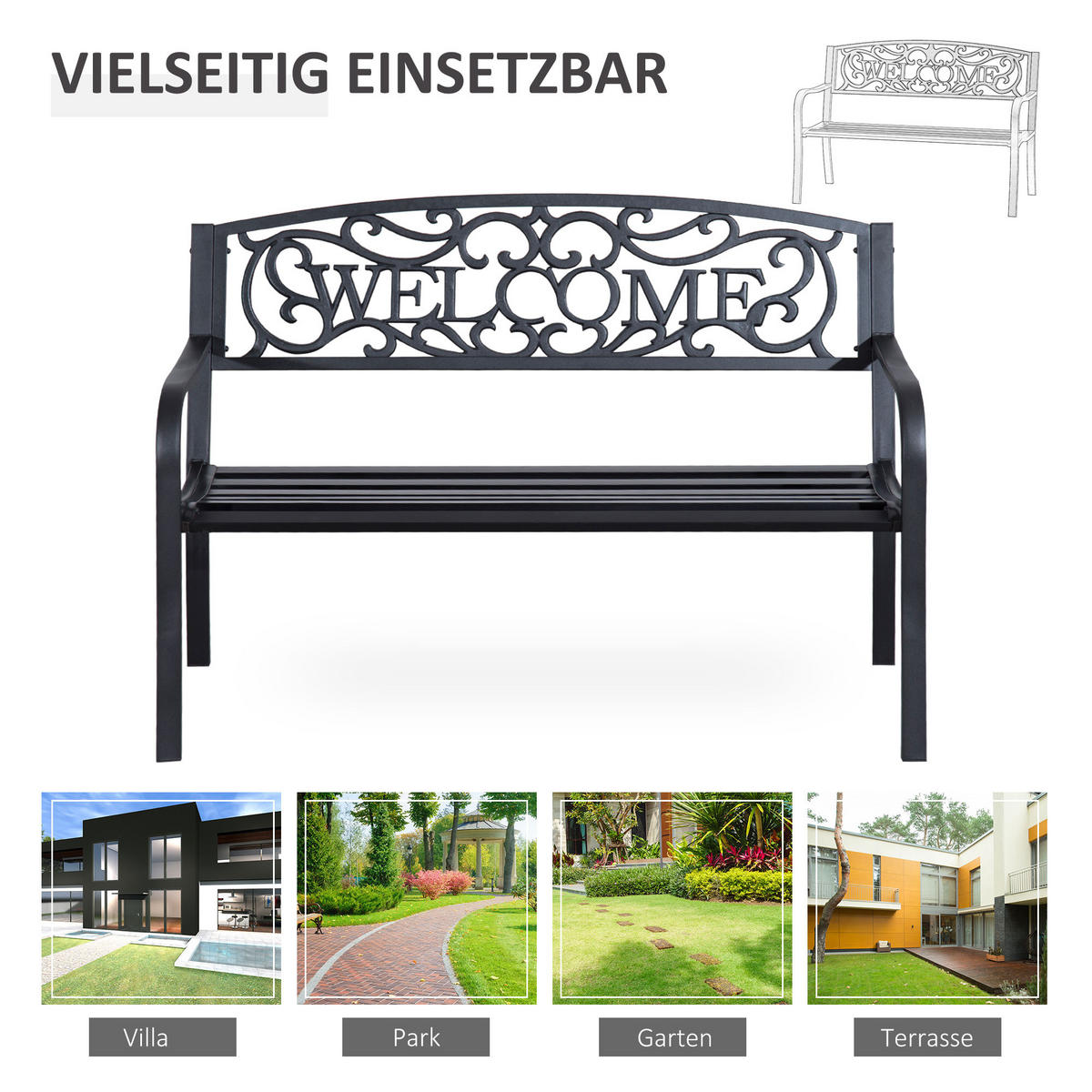 GARTENBANK, 127cm x 60cm x 87cm, Eisen, pulverbeschichtet, Schwarz - Schwarz, Metall (60/87/127cm) - Outsunny