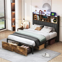 METALLBETT 140x200 cm mit 2 Schubladen, LED, USB, Schwarz - Schwarz, Holz (140/200cm)
