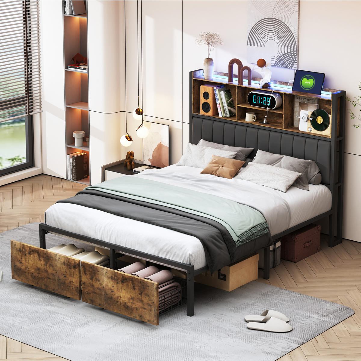 POLSTERBETT 140x200 cm, Schwarz, mit Schubladen, LED-Beleuchtung, USB - Schwarz, Textil/Metall (160/200cm)