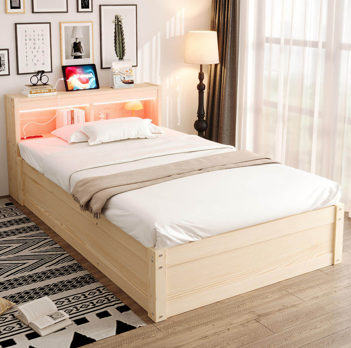 BETT 90/200 cm aus MDF mit LED-Lichtleiste, Holzfarbe - Eichefarben, Holzwerkstoff (90/200cm) - OKMYHOME