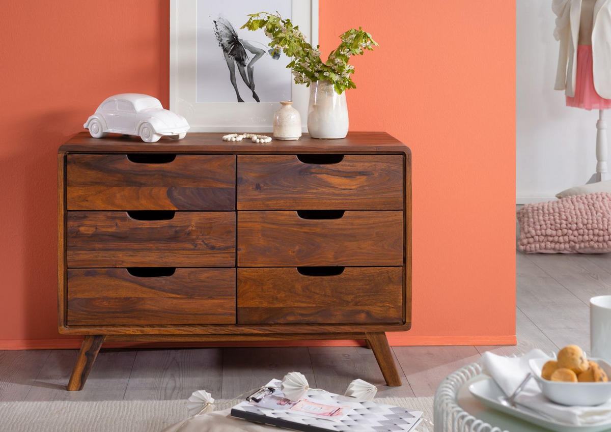 KOMMODE Sheesham 90x40x65 walnuss gewachst MALMÖ 2 #105 - Dunkelbraun, Holz (90/65/40cm) - Massivmoebel24