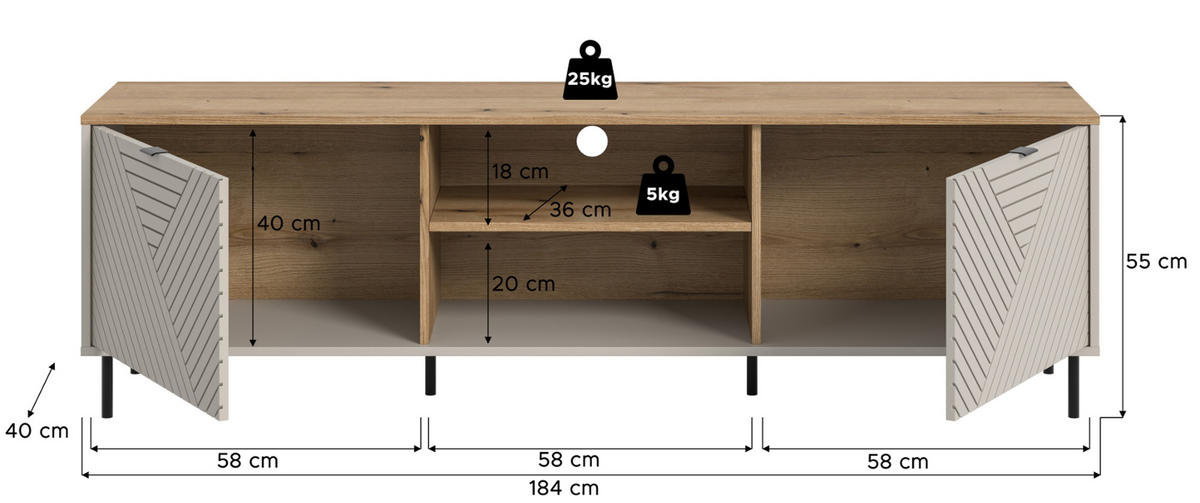 TV-LOWBOARD Kaschmir, Evoke Eiche 184 x 55 cm, TV Unterteil in modernem Design - Kaschmir/Eichefarben, Holzwerkstoff/Metall (184/55/40cm) - Inn.Furn