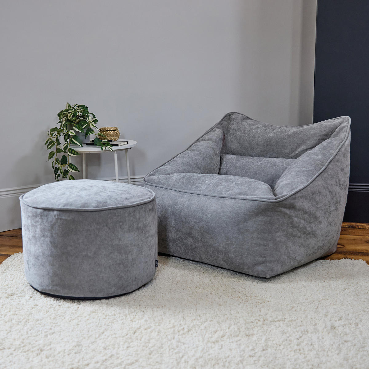 SITZSACK Chenille-Sessel icon Natalia und Fußhocker-Sitzsack Milano im 2-teiligen Set, grau - Grau, Kunststoff/Textil (100/80/88cm) - icon