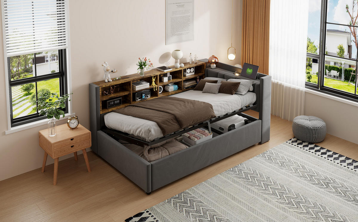 POLSTERBETT 90/200 cm Grau aus Samt mit Stauraum - Dunkelgrau, Textil (90/200cm) - OKMYHOME