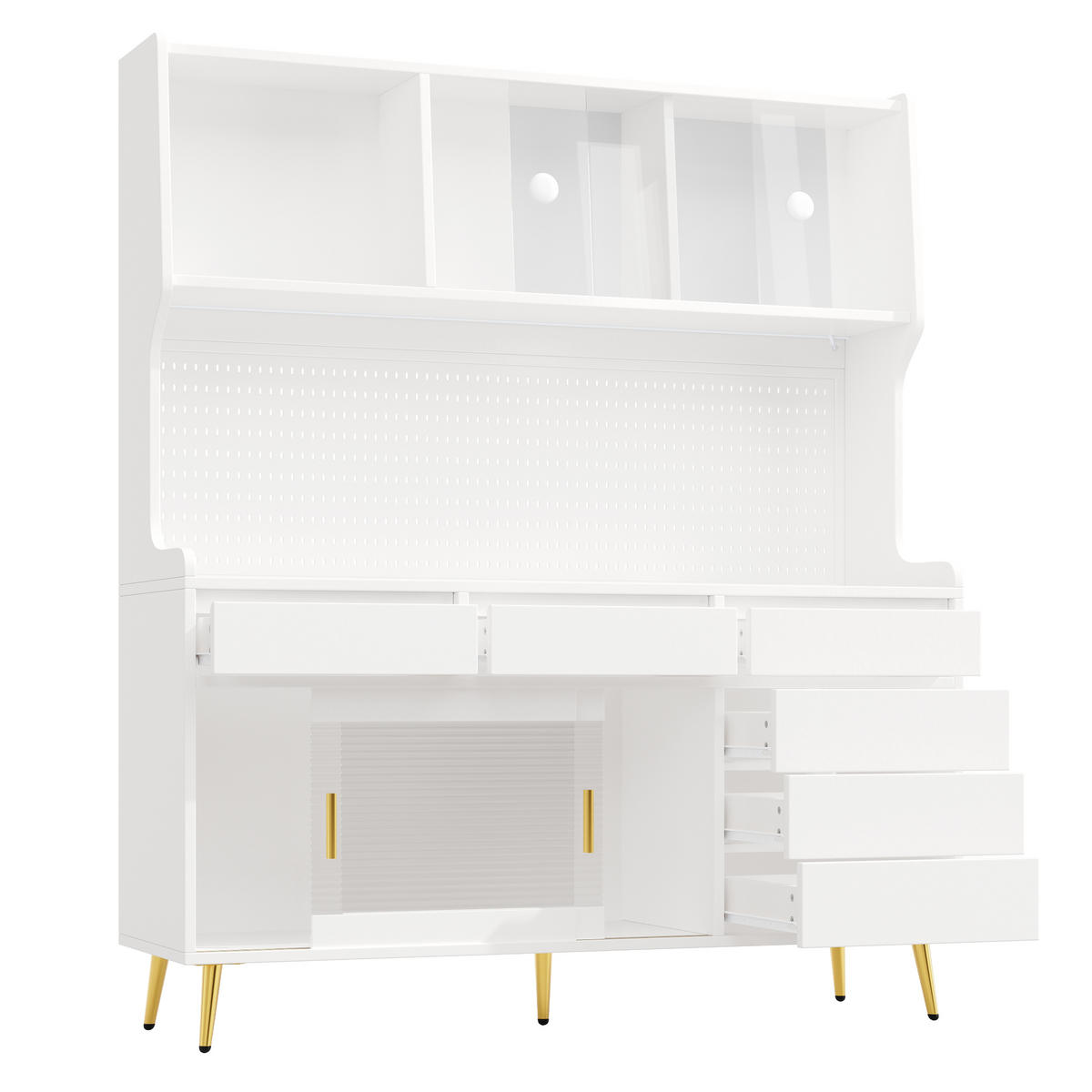 KUCHYŇSKÁ SKŘÍŇKA 171 cm se Smart LED, skleněnou přední částí a děrovanou stěnou - bílá, kompozitní dřevo (145/171/39cm) - Urban Meuble
