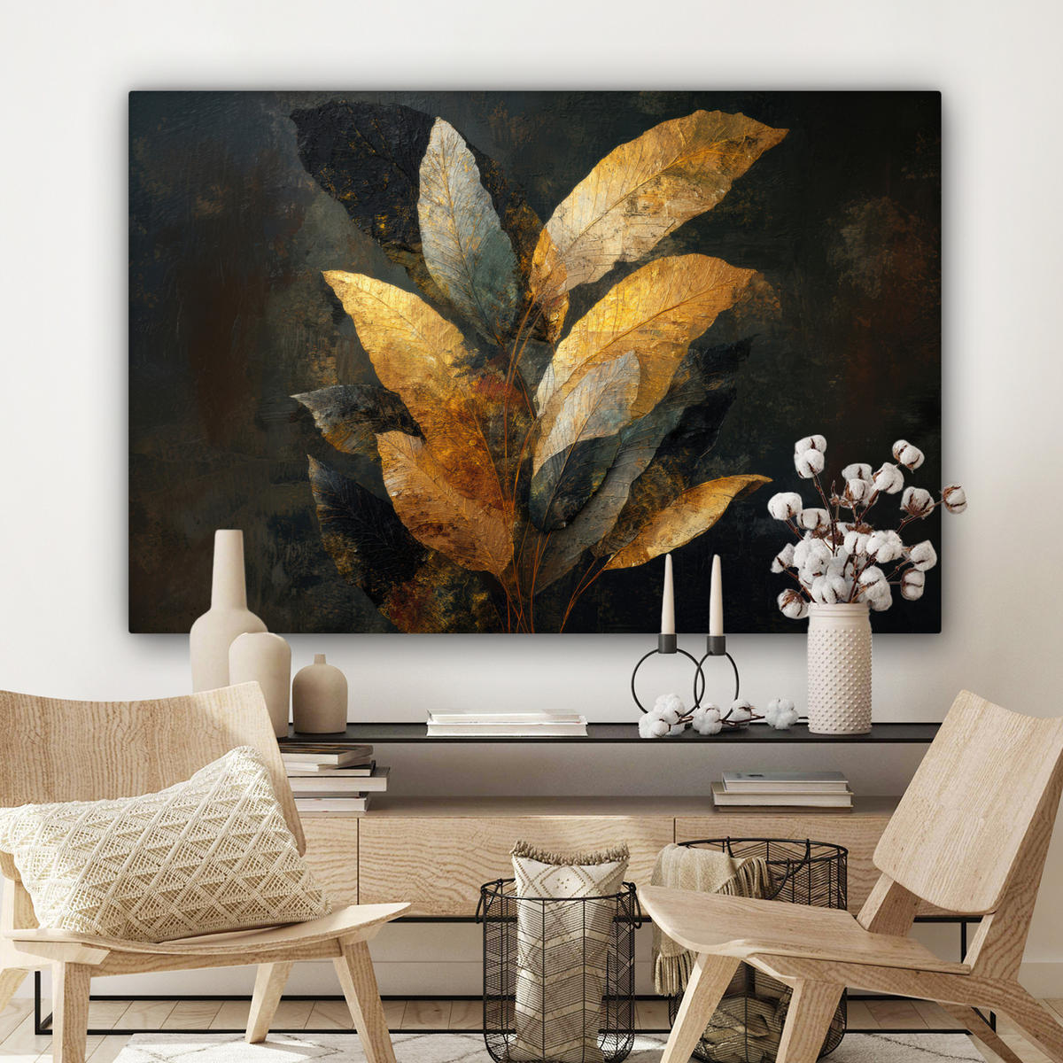 LEINWANDBILD Golden Leaf Komposition - Botanical Luxury Groß 140x90 cm - Goldfarben/Schwarz, Textil (140/90cm) - MuchoWow