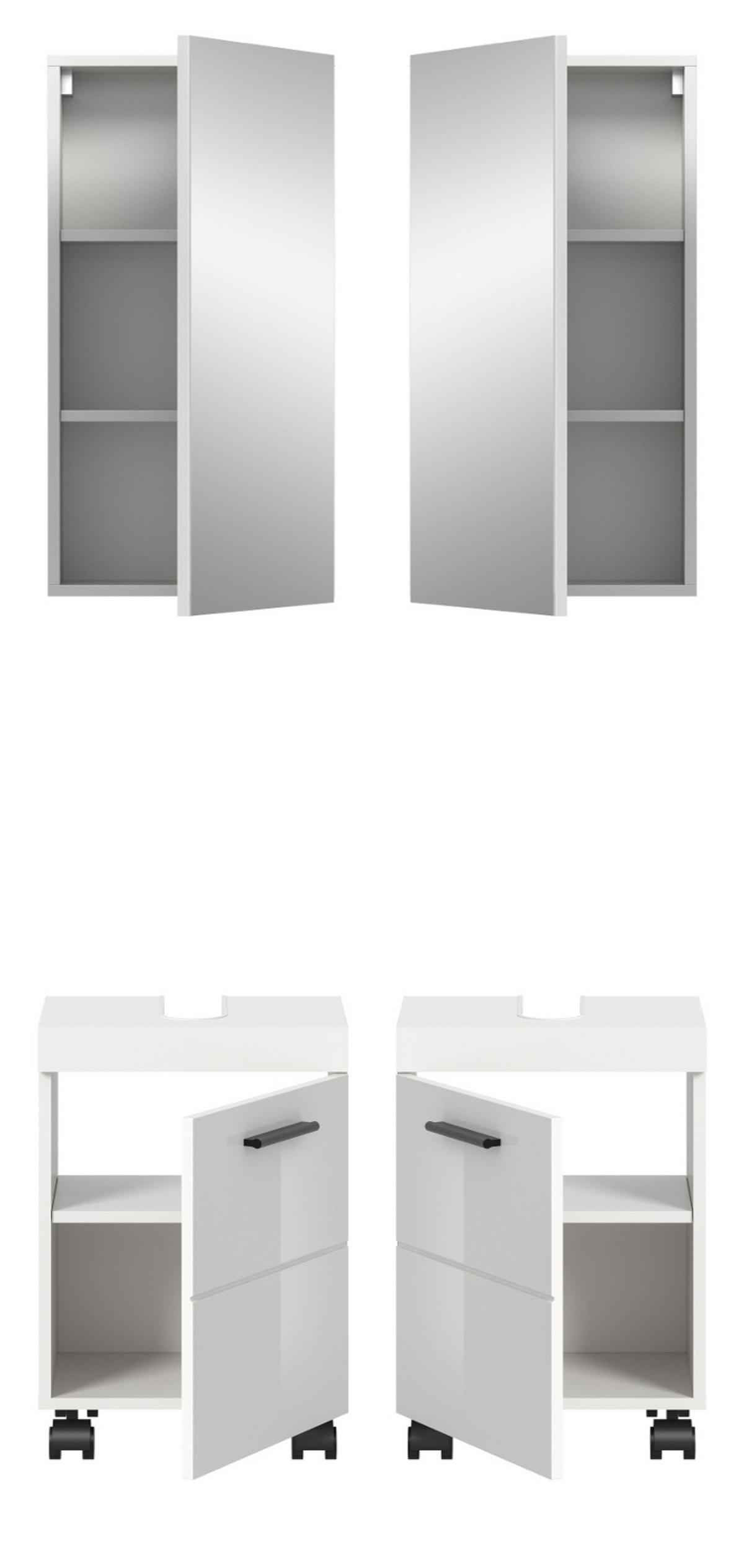 BADMÖBEL-SET weiß Hochglanz 2-teilig 40 cm, Badkombination auf Rollen - Weiß Hochglanz/Schwarz, Glas/Holzwerkstoff (40/191/30cm) - Inn.Furn