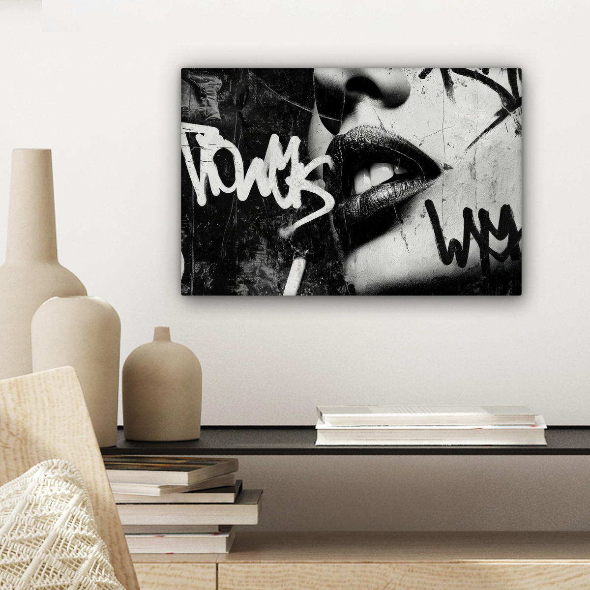 LEINWANDBILD Gesicht - Mund - Graffiti - Schwarz Deko Schlafzimmer 30x20 cm - Schwarz, Textil (30/20cm) - MuchoWow