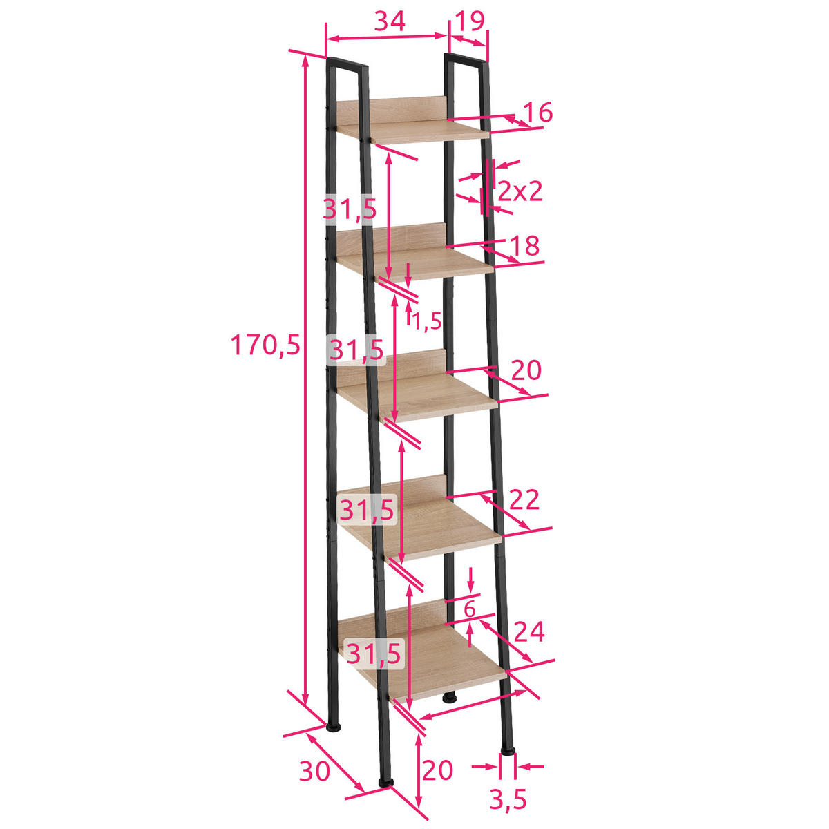 LEITERREGAL Folkestone,inklusive Kippschutz, 35,5 x 31,5 x 170,5 cm,Industrial Holz hell, Eiche Sonoma - Naturfarben, Holzwerkstoff (31.5/170.5/35.5cm) - tectake