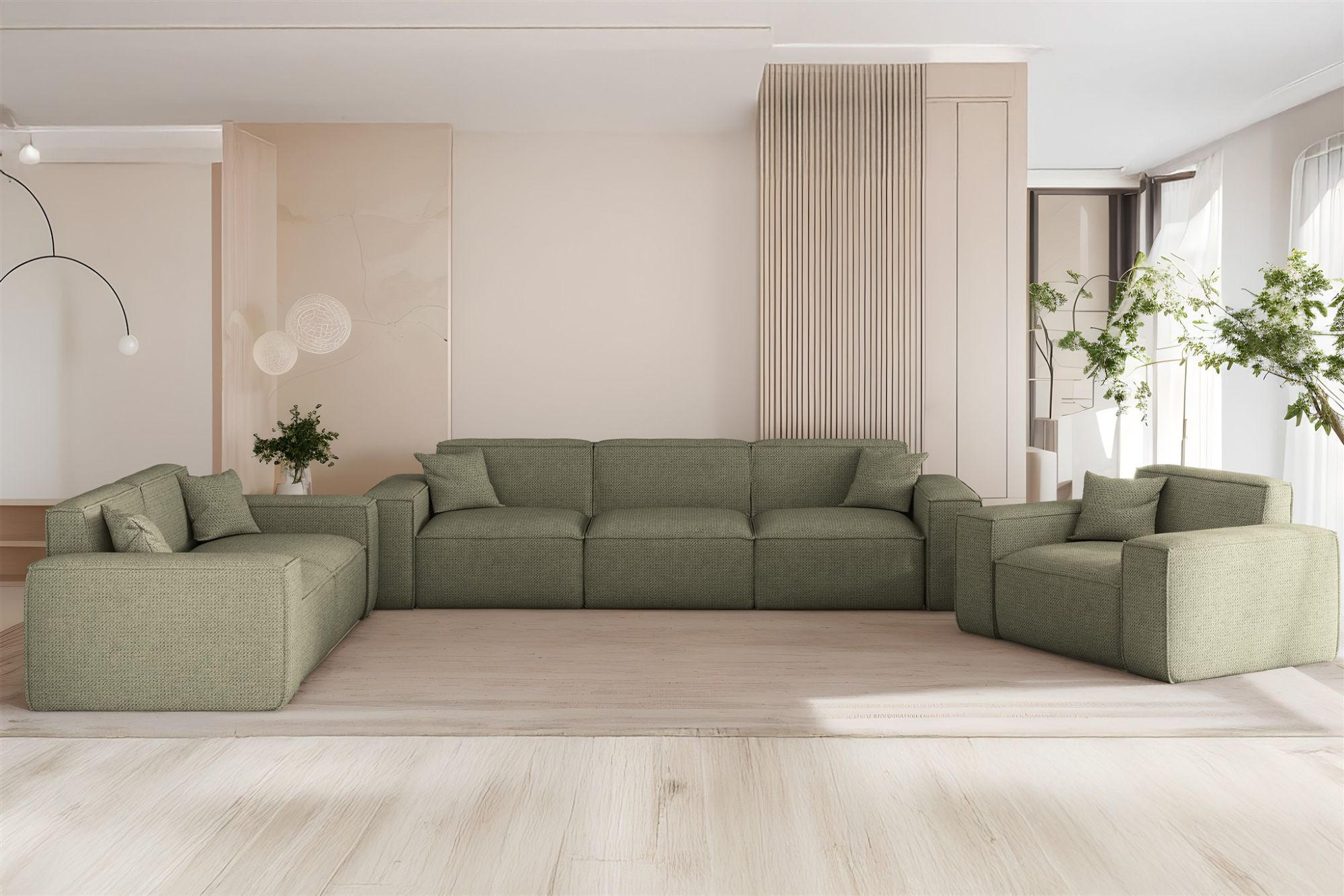 SOFASET Celes Premium 3-2-1 In Artico - Grün, Holzwerkstoff/Textil (218/73/90cm) - Fun Möbel