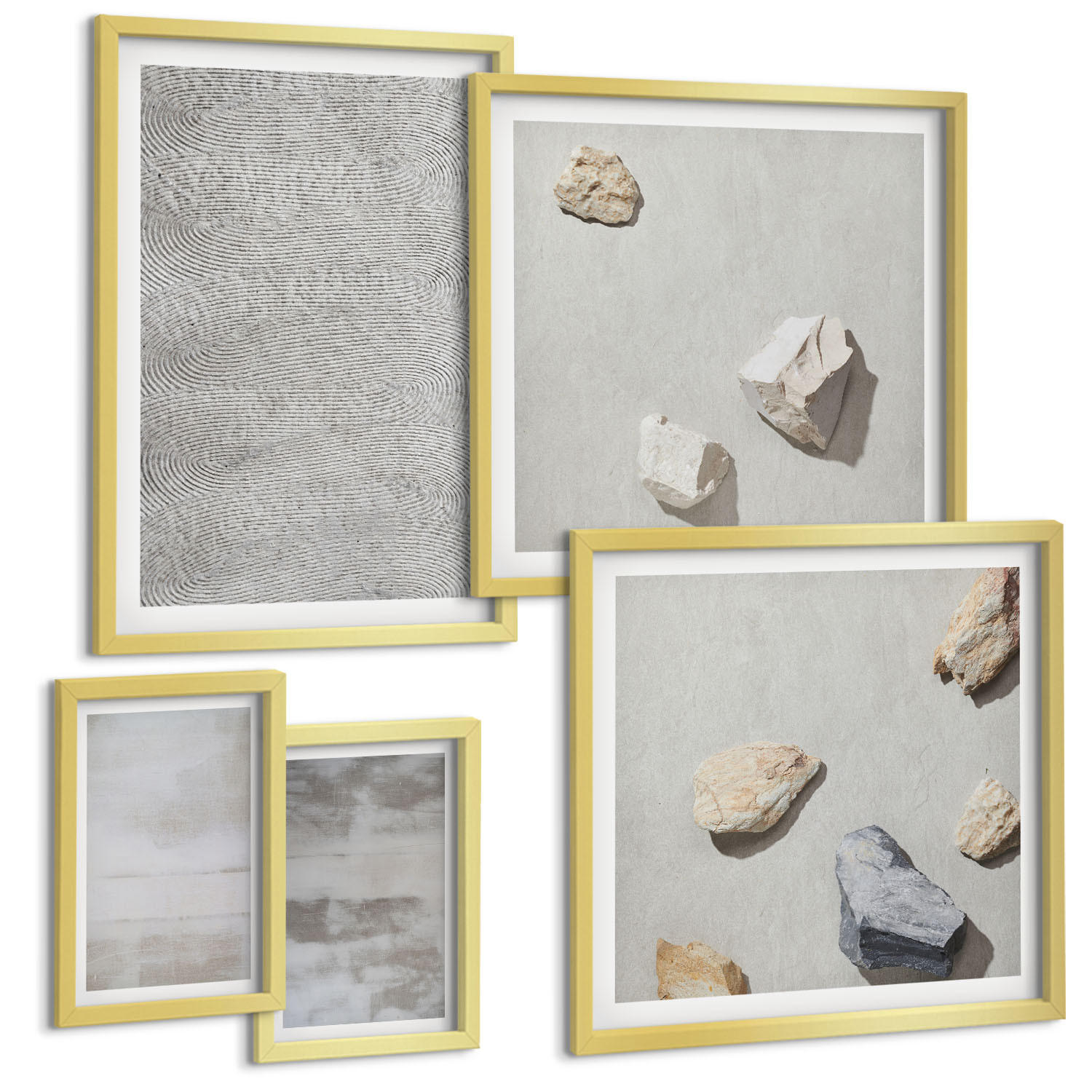 BILDER SET 5er Set - 50x50 cm & 20x30 cm & 40x60 cm Goldrahmen - Moderne minimalistische Texturen - Goldfarben, Kunststoff (40/60cm) - TULUP