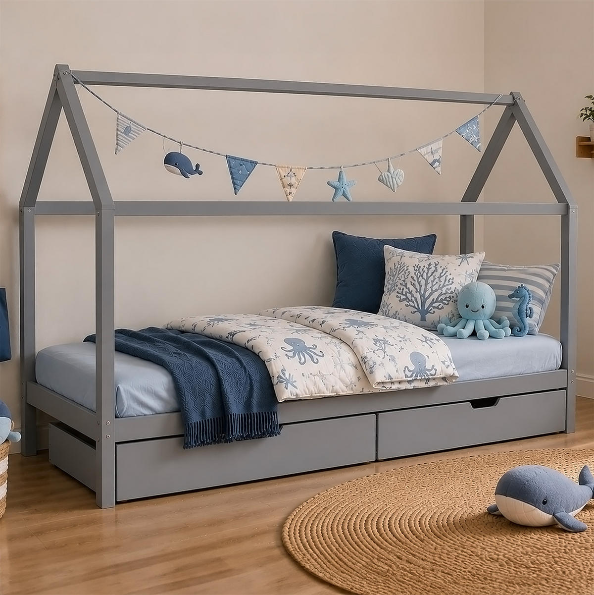 HAUSBETT mit Stauraum 90/200 cm Grau - Grau, Holz (206/160/98cm) - Homestyle4u